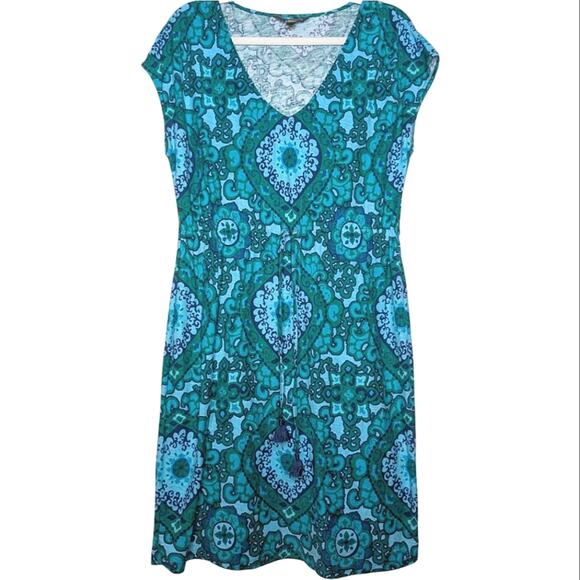 Tommy Bahama V Neck Tie Waist Tassel Detail Cotton Blue Green Print Dress Medium - Picture 1 of 5
